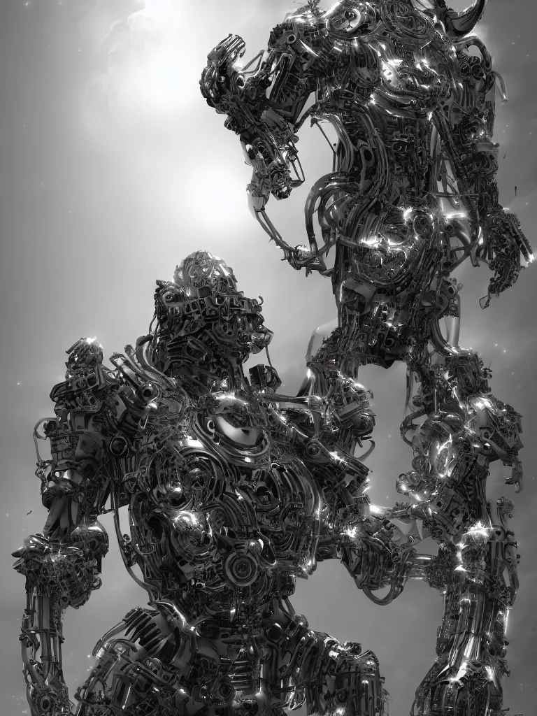 Image similar to Techno-God is an ancient mechanical gray giant chaotic horned humanoid, digital art, 16k, hyperrealism, high detail, ray tracing, concept art, octane render