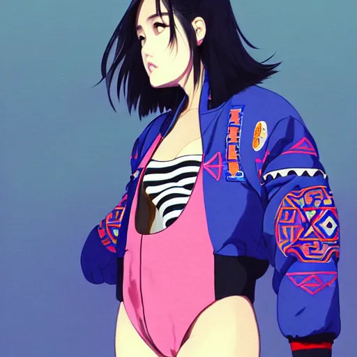 Image similar to a beautiful plus sized model japanese natalie portman, alluring, wearing oversized mayan bomber jacket and leotard with overalls, bulky poofy bomber jacket with mayan patterns, aztec street fashion, gapmoe yandere grimdark, trending on pixiv fanbox, painted by greg rutkowski makoto shinkai takashi takeuchi studio ghibli, akihiko yoshida