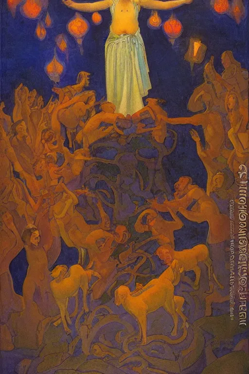 Image similar to spirit of high Summer, by Nicholas Roerich and Annie Swynnerton and Sidney Harold Meteyard, dramatic cinematic lighting , ornate headdress , flowing robes, sacred artifacts, lost civilizations, smooth, sharp focus, extremely detailed