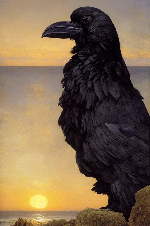 Prompt: a breathtakingly stunningly beautifully highly detailed extreme close up portrait of a raven under a rock arch, epic coves crashing waves plants, beautiful clear harmonious composition, dynamically shot, wonderful strikingly beautiful dynamic epic sunset, detailed organic textures, by frederic leighton and rosetti and turner and eugene von guerard, 4 k