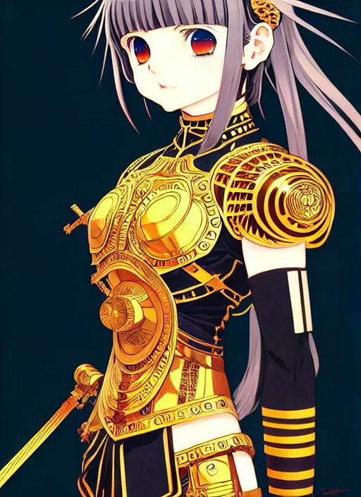 Image similar to ilya kuvshinov anime knight girl in ornate armor, last exile, murata range, fine detail, perfect anime face, dramatic lighting, dynamic composition, gustav klimt, art deco, cel shading, vivid, rich texture, ( ( ( yoshinari yoh ) ) ), alphonse mucha, ( ( ( colorful ) ) ),