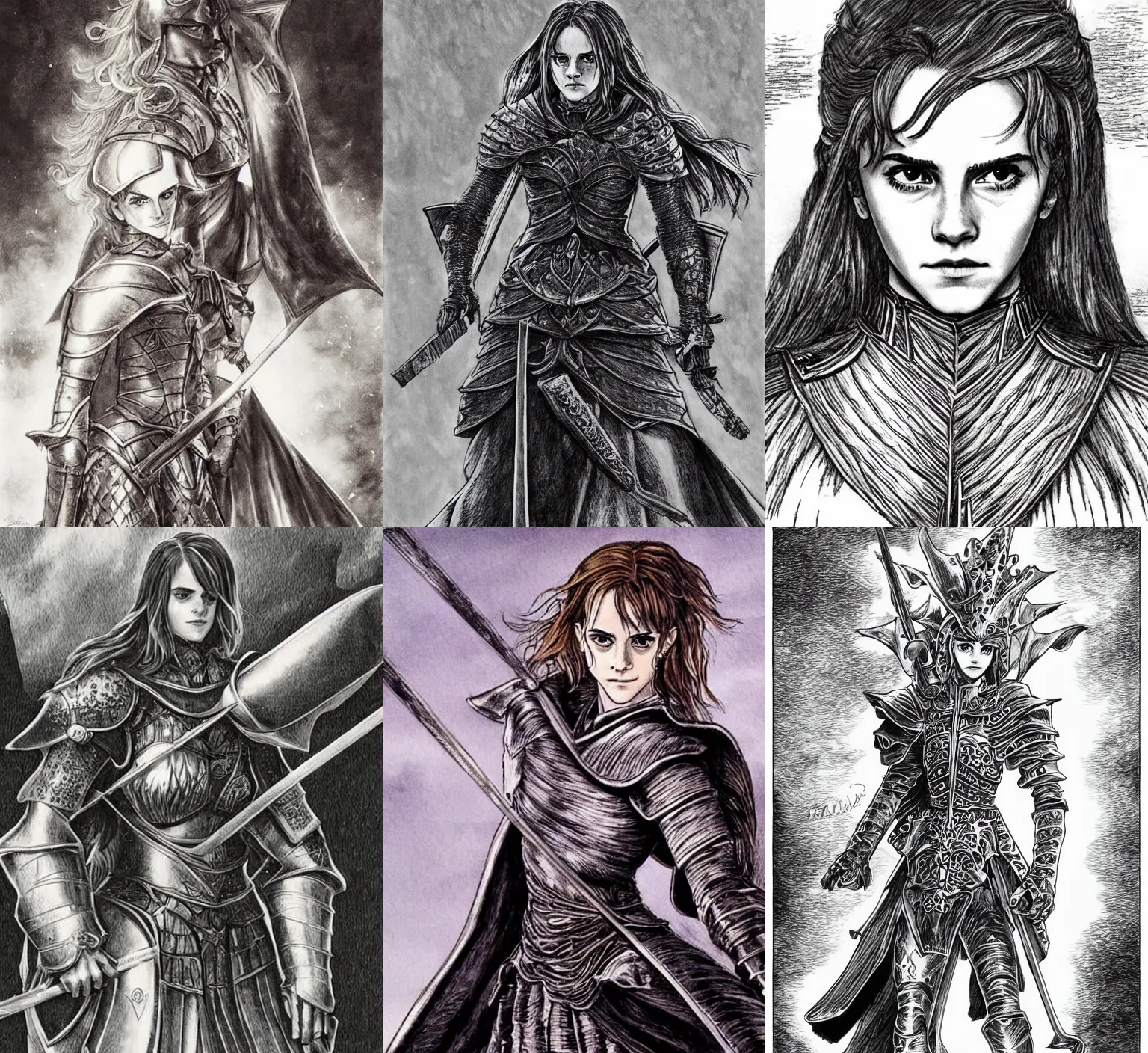 Prompt: Emma Watson as a knight, art by Kentaro Miura