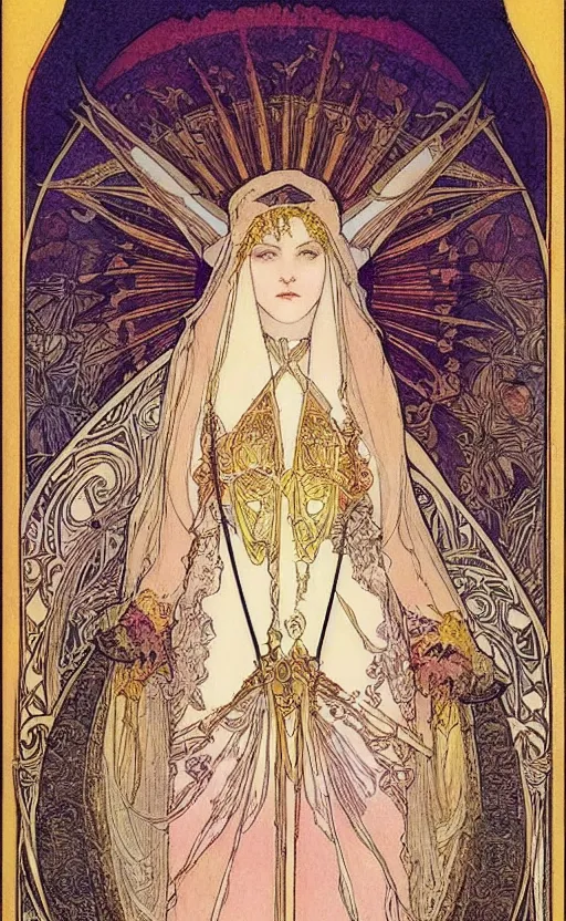 Image similar to the high priestess, tarot, beautiful border, by alfons maria mucha, highly detailded