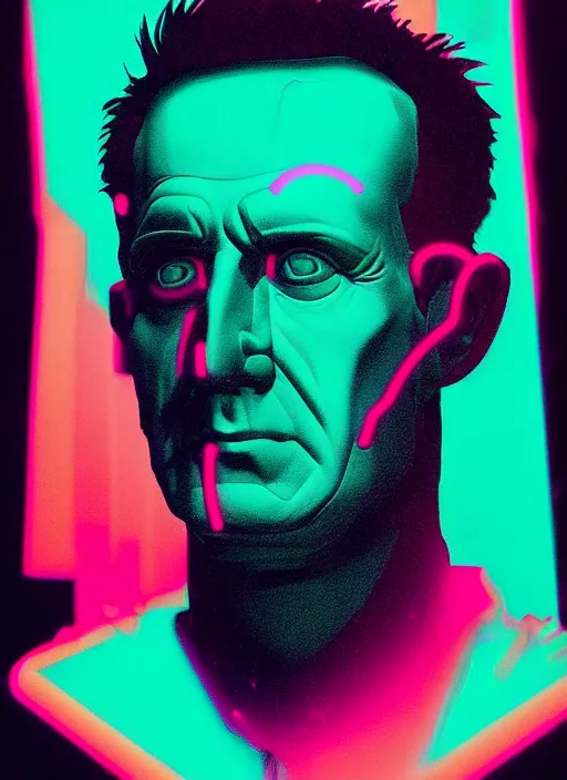 Prompt: portrait of julius caesar with a stoic look, beeple, vaporwave, retrowave, black background, neon, black, glitch, strong contrast, neon wiring, cuts, pinterest, trending on artstation