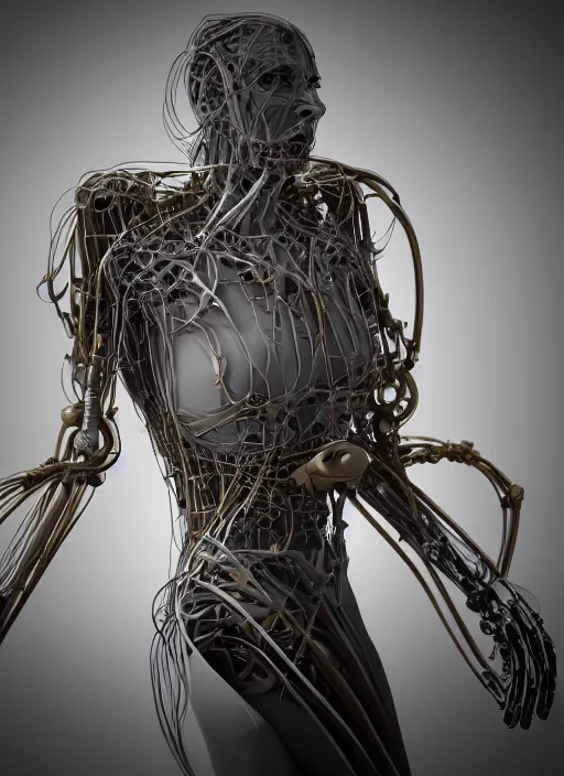 Image similar to portrait photography of desperate human connected to biomechanical machine, masterpiece, clean 3 d render, seamless