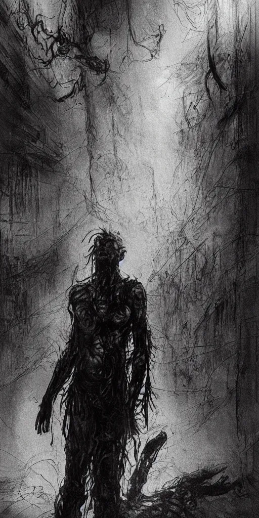 Image similar to concept art of only one man with his body covered in burns, with black smoke coming out of his hands, full body, dark colors, sinister atmosphere, dramatic lighting, cinematic, establishing shot, extremely high detail, photo realistic, cinematic lighting, pen and ink, intricate line drawings, by Yoshitaka Amano, Ruan Jia, Kentaro Miura, Artgerm, post processed, concept art, artstation, matte painting, style by eddie mendoza, raphael lacoste, alex ross,