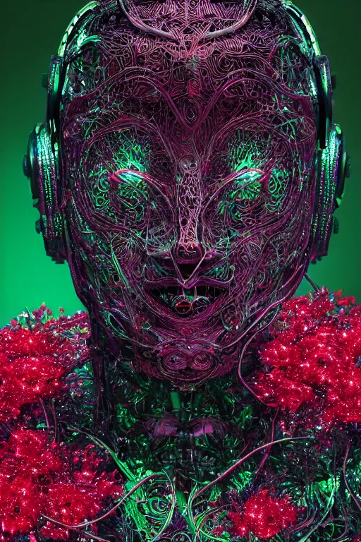 Image similar to a melancholic realistic 8k sculpture of a complex robotic human face, liquid metal simulation, bright psychedelic neon colors, dark dramatic lighting, hexagonal mesh wire, filigree intricate details, cinematic, fleshy, red blossoms, green ivy, elegant, 50mm lens, DOF, octane render, art nouveau, 8k post-processing, intricate art by greg rutkowski