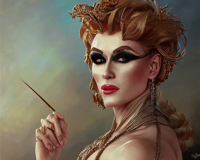 Image similar to portrait of Vladimir Putin as a drag queen, looking beautiful, fantasy, intricate, elegant, highly detailed, digital painting, artstation, concept art, smooth, sharp focus, illustration, art by artgerm and greg rutkowski and alphonse mucha