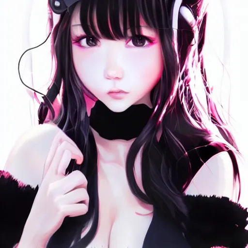 Prompt: realistic beautiful gorgeous buxom natural cute blushed shy girl Blackpink Lalisa Manoban black hair cute fur black cat ears, wearing white camisole, headphones, black leather choker artwork drawn full HD 4K highest quality in artstyle by professional artists WLOP, Taejune Kim, Guweiz on Pixiv Artstation