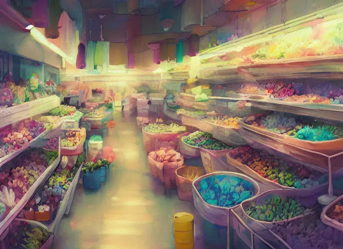 Image similar to bright cheery placid pastel deep cozy moody cluttered painterly fluffy tiny cramped live pet store, aisles of aquariums, slanted ceiling, tiny space, particulate, trending on pixiv