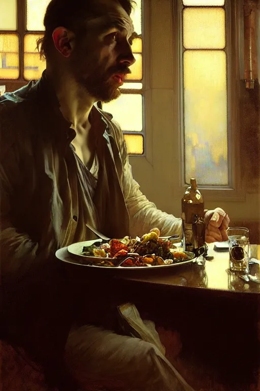 Prompt: hyperrealist portrait of a man eating dinner. by jeremy mann and alphonse mucha, fantasy art, photo realistic, dynamic lighting, artstation, poster, volumetric lighting, very detailed faces, 4 k, award winning