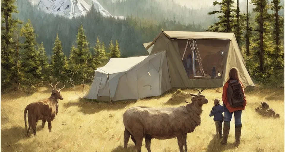 Image similar to cabela's beautiful comfortable modular insulated wall kit - house all weather family dwelling tent house, person in foreground, mountainous forested wilderness open fields, beautiful views, painterly concept art, joanna gaines, environmental concept art, farmhouse, magnolia, concept art illustration, by james gurney, by craig mullins, by greg rutkowski trending on artstation