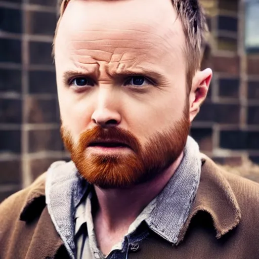 Image similar to Live Action Still of Aaron Paul dressed as Walter White, real life, hyperrealistic, ultra realistic, realistic, highly detailed, epic, HD quality, 8k resolution, body and headshot, film still