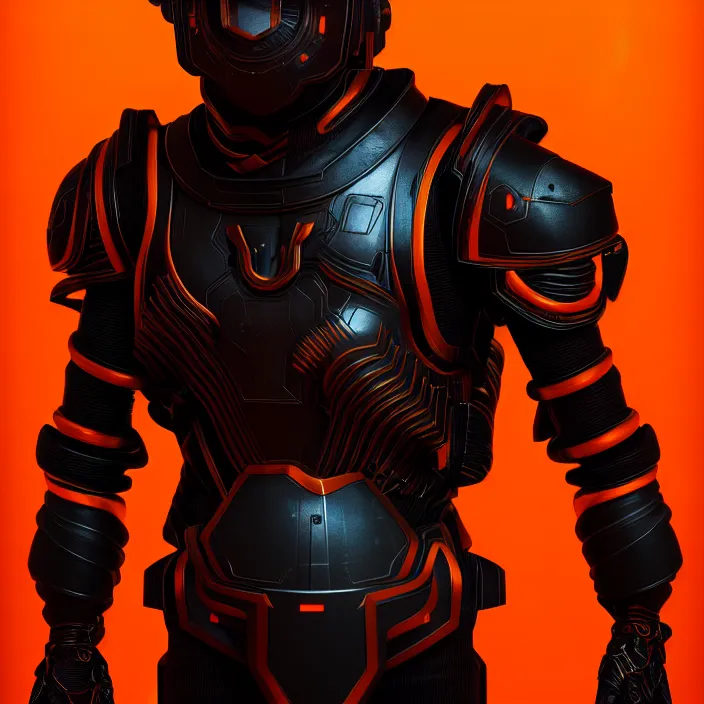 Prompt: a vertical portrait of a character in a futuristic room, black and orange armor, highly detailed, render, vray, octane, realistic lighting