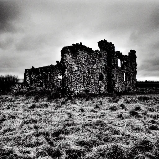 Image similar to a dark moody photo taken with a Holga of a ruined castle on an empty moor, greyscale, stormy