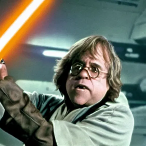 Image similar to movie still of Danny DeVito as Luke Skywalker with lightsaber