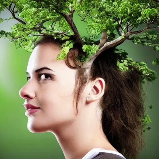 Prompt: a beautiful woman with trees growing out of her head,