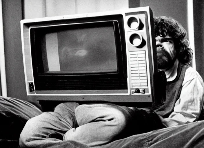 Prompt: a scene from a 1 9 8 2 s halloween iii, peter dinklage is watching tv, vhs distortion, cathode ray tube distortion, folk horror, hauntology, 8 k, 8 5 mm f 1. 8, studio lighting, rim light, right side key light