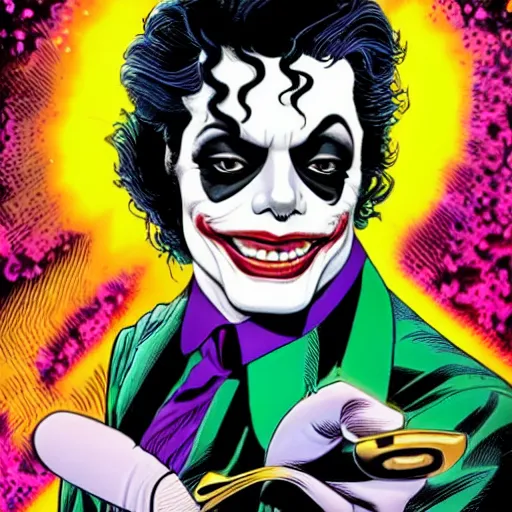 Image similar to dynamic macro head portrait of beautifu michael jackson as the joker in white sequined jacket by john romita sr and cory walker and ryan ottley and jack kirby and barry windsor - smith, comic, illustration, photo real