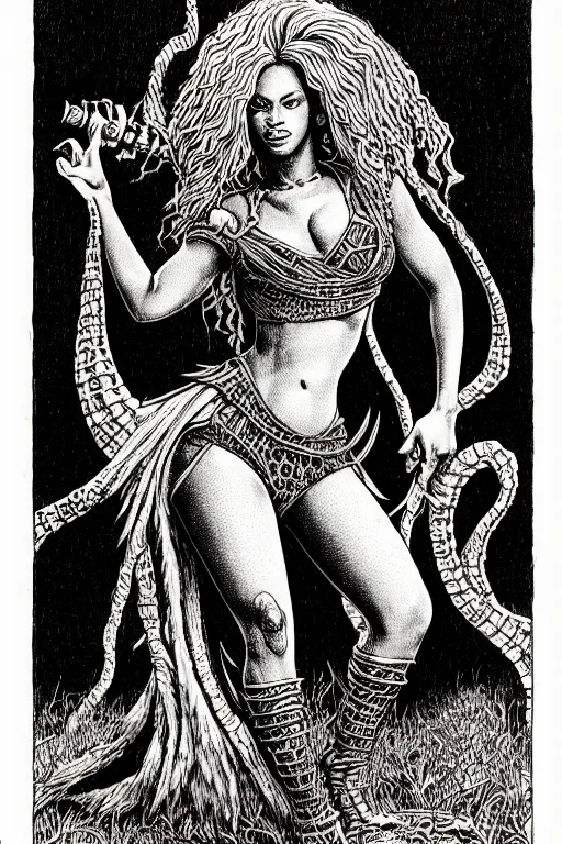 Prompt: beyonce as a d & d monster, full body, pen - and - ink illustration, etching, by russ nicholson, david a trampier, larry elmore, 1 9 8 1, hq scan, intricate details, inside stylized border