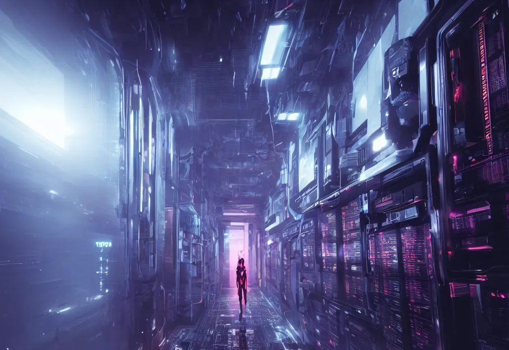 Prompt: shot of film by cyberpunk and syntwave syle, human like a cyborg, character design, full body in data center, extreamly detailed data center, symmetry, realistic, cinematic, awesome composition, color balance, professional lighting diffracted lightray, trending on artstation, volumetric lighting, octane render, awesome art, concept art