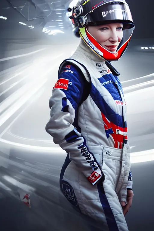 Prompt: portrait of cate blanchett dressed as a formula one racer, wearing formula one racer uniform, at formula one racing car repair room, ssci-fi, fantasy, intricate, very very beautiful, elegant, human anatomy, neon light, highly detailed, digital painting, artstation, concept art, soft light, smooth, sharp focus, illustration, art by tian zi and WLOP and alphonse mucha