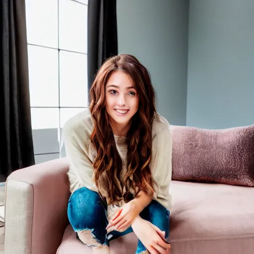 Image similar to Photograph of April, a cute young woman, long shiny bronze brown hair, full round face, green eyes, medium skin tone, light cute freckles, light blush, smiling softly, wearing casual clothing, relaxing on a modern couch, interior lighting, cozy living room background, medium shot, mid-shot