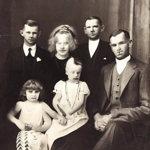 Image similar to a family portrait, all family members have the aphex twin come to daddy face, 1 9 2 0 s