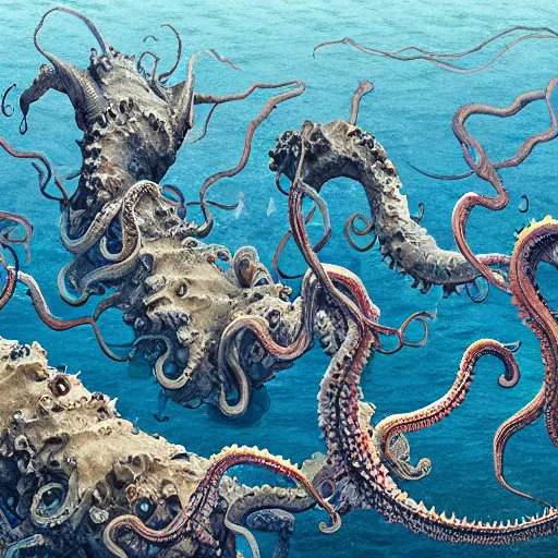 Prompt: crater lake writhing with tentacles and sea monsters, ultra detailed, highly detailed, 8 k, trending on artstation, award - winning art,