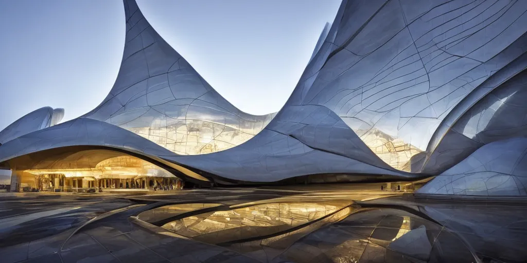 Image similar to extremely elegant smooth detailed stunning sophisticated beautiful elegant futuristic museum exterior by Zaha Hadid, Milan buildings in the background, smooth curvilinear design, stunning volumetric light, stainless steal, concrete, translucent material, beautiful sunset, tail lights