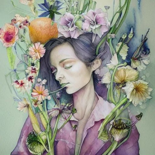 Prompt: watercolor kitchen with flowers by anna dittmann, by marco mazzoni, by stephanie law, n 9