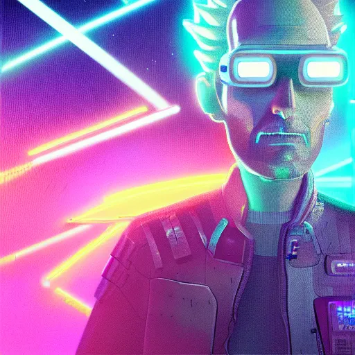 Image similar to cyberpunk rick and morty bot, cinema 4 d, galaxy space sci - fi, wearing vr goggles, illustration, portrait, pastel neon textured background night, trending on artstation, greg rutkowski, octane rendered, 1 2 k, detailed,