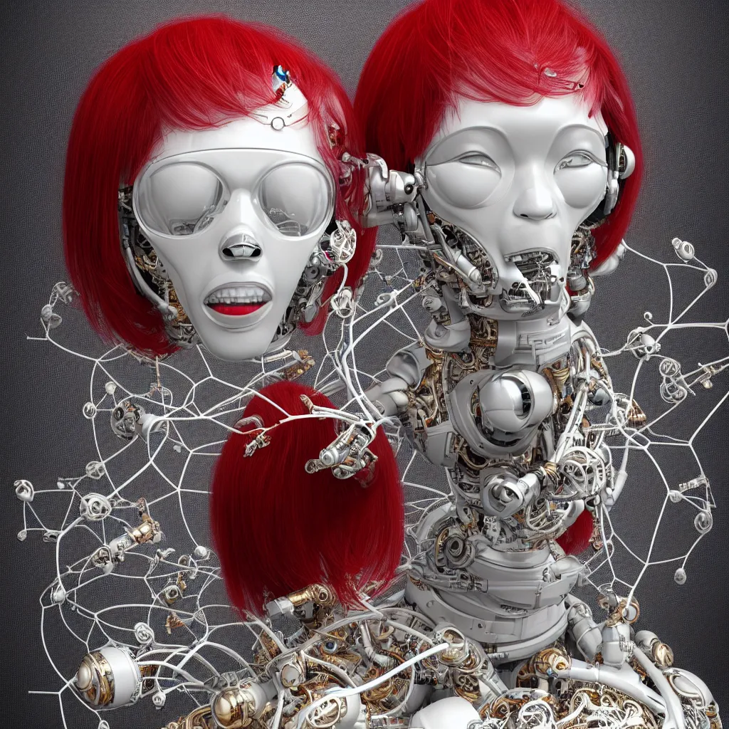 Image similar to complex 3d render ultra detailed of an astronaut, mechanical cyborg, 50 mm, beautiful natural soft light, rim light, studio light, silver gold details, magnolia big leaves and stems, roots, fine foliage lace, mesh wire, intricate details, hyperrealistic, mandelbrot fractal, anatomical, red lips, white metal armor, facial muscles, cable wires, microchip, elegant, Alexander Mcqueen haute couture, wabi sabi, octane render, H.R. Giger style, 8k