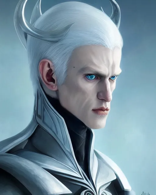 Image similar to character portrait of a slender young white haired half elven man with piercing blue eyes and pale bluish skin, wearing smooth sleek pearlescent black wraithbone powerarmor, by greg rutkowski and mark brookes and jim burns and tom bagshaw and magali villeneuve, trending on artstation