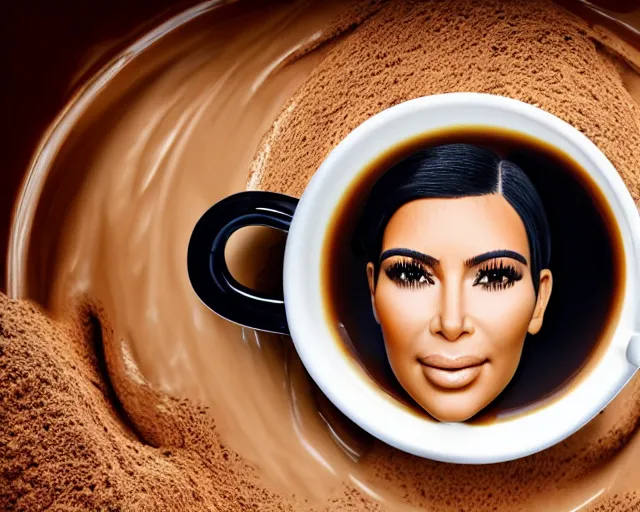 Image similar to Kim Kardashian inside a giant cup of coffee, cinematic, highly detailed, HD, 4K, professional image, professional lighting