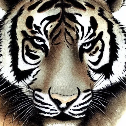 Prompt: tiger head, inkwash painting, highly detailed, traditional japanese art,