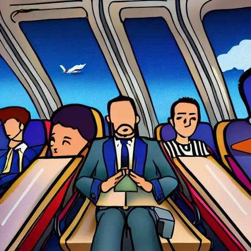 Image similar to a man has to sit in a delayed airplane while his friends enojy a climbing award - winning digital artwork