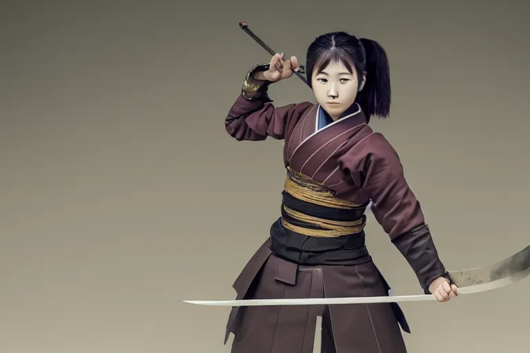 Prompt: beautiful photo of a young female samurai, practising sword stances, symmetrical face, beautiful eyes, realistic anime art style, large oversized sword, highly detailed, 8 k, award winning photo, muted pastels, action photography, 1 / 1 2 5 shutter speed, dramatic lighting