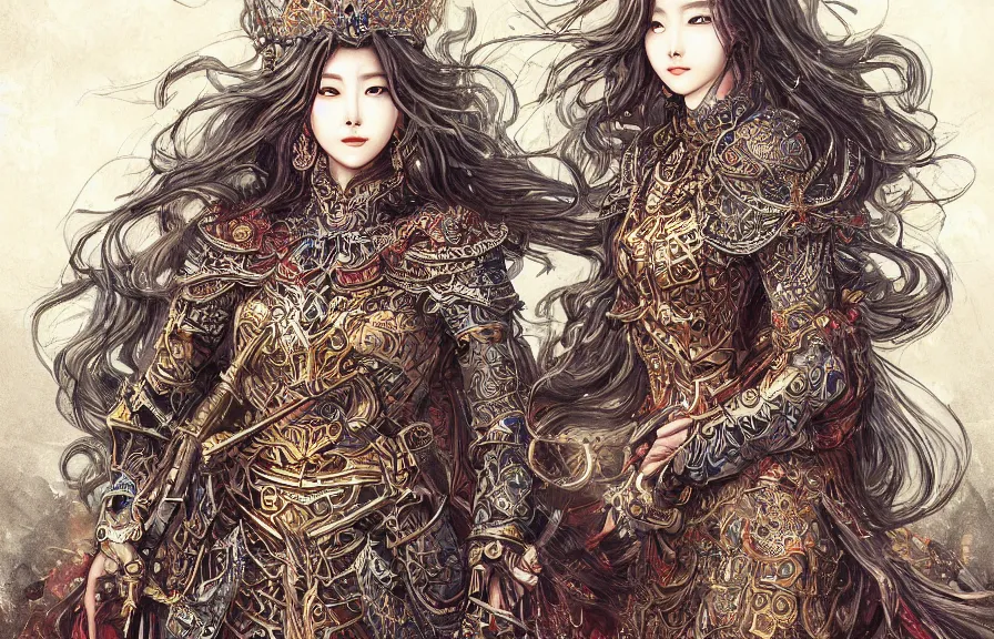 Image similar to an concept art of the korean queen surrounded by magic guards, long hair, makeup, intricate details, detailed face, detailed dress, one face, artstation, epic pose, colourful light, by kentaro miura and masanori warugai