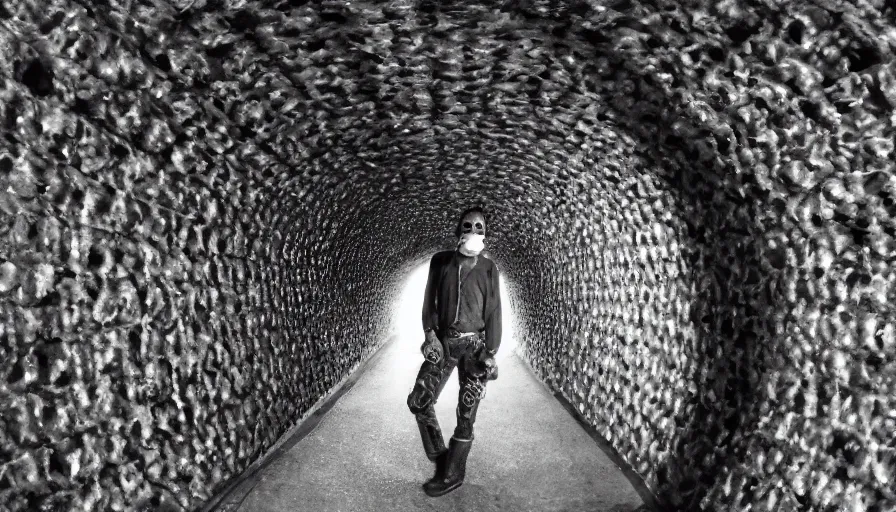 Image similar to high realistic photo portrait of a man with a taxidermic meat mask and elaborate flesh dress in a liminal space style tunnel, early black and white 8mm, heavy grain, high quality,