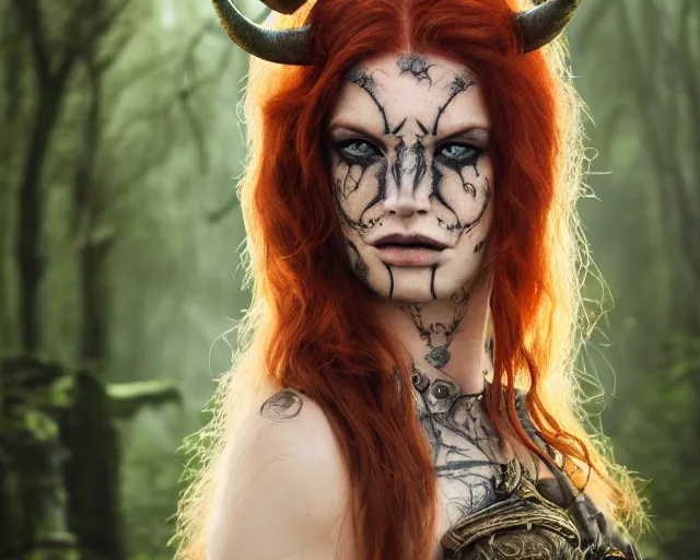 Image similar to 5 5 mm portrait photo of an armored gorgeous anesthetic redhead woman warrior with a face tattoo and horns growing from her head, in a magical forest. by luis royo. highly detailed 8 k. intricate. lifelike. soft light. nikon d 8 5 0. cinematic post - processing