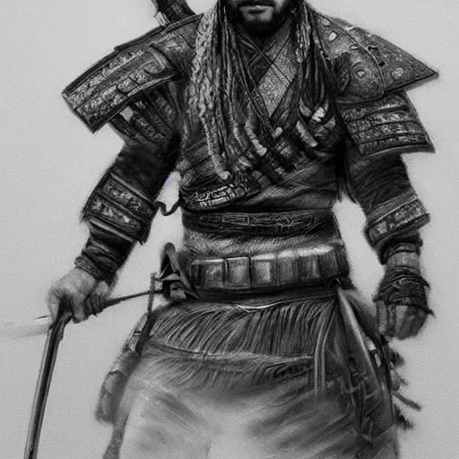 Image similar to Kurdish samurai, extremely detailed charcoal sketch, realistic, incredibly detailed, award winning art, cinematic, extremely high detail, concept art, 4k fantasy art, trending on artstation, full body shot