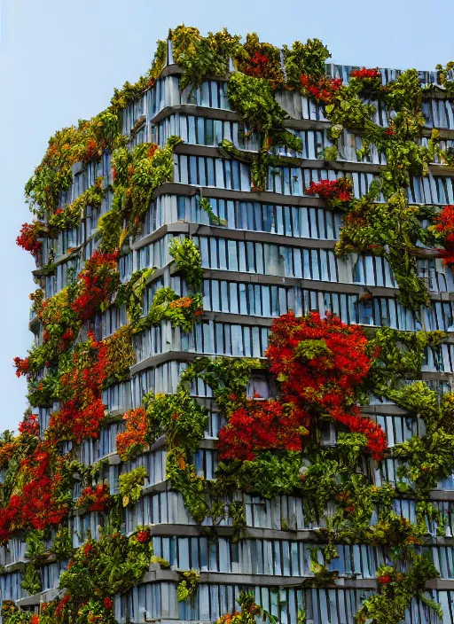 Image similar to brutalist buildings covered in colorful vines and flowers by Denys Lasdun William Morris and Mies van Der Rohe, artstation, masterpiece