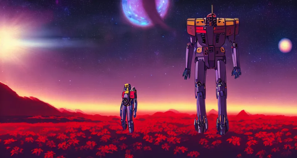 Image similar to a beautiful cinematic view of a walking humanoid mecha on a tropical island paradise, underneath a star filled night sky, warm coloured, gigantic pillars and flowers, maschinen krieger, moebius, star trek, gundam, film, atmospheric perspective