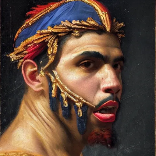 Prompt: neoclassical painting of 6ix9ine as a roman emperor, 8k, highly detailed, highly intricate, dramatic,