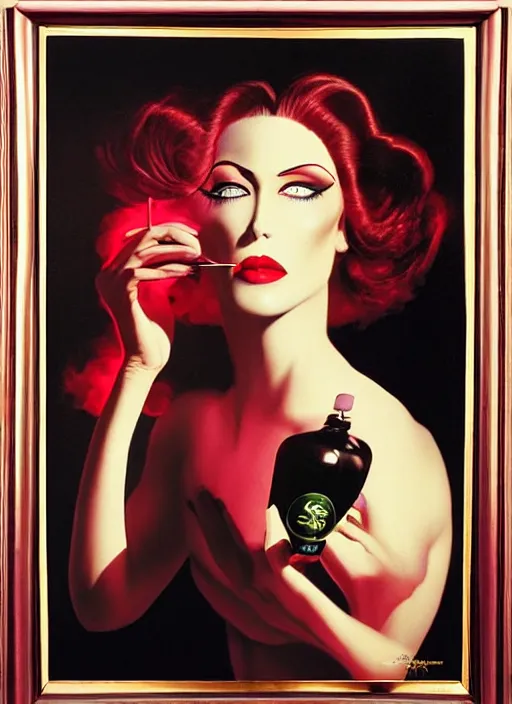 Image similar to an 8 0 s portrait of a woman with dark eye - shadow and red lips with dark slicked back hair dreaming acid - fueled hallucinations by serge lutens, rolf armstrong, delphin enjolras, peter elson