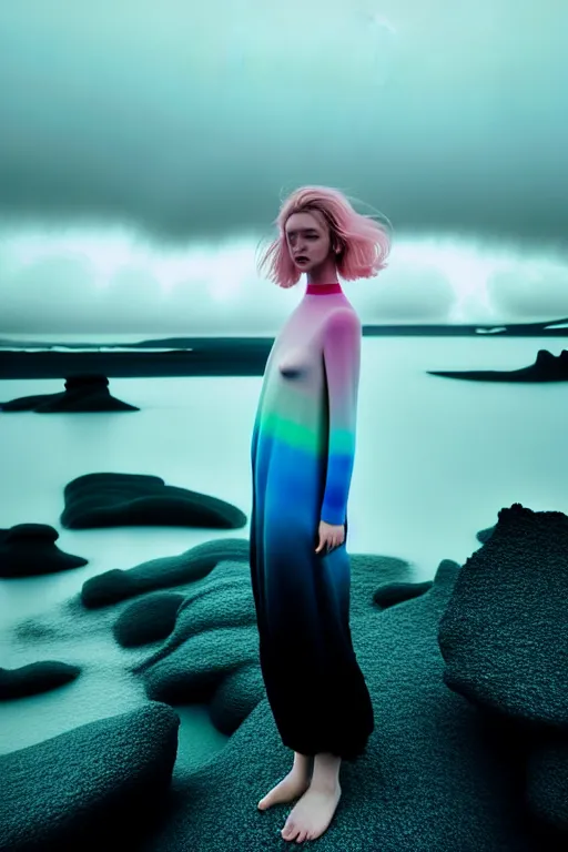 Image similar to high quality pastel coloured film close up wide angle photograph of a model wearing clothing swimming on cloud furniture in a icelandic black rock!! environment in a partially haze filled dreamstate world. three point light, rainbow. photographic production. art directed. pastel colours. volumetric clouds. pastel gradient overlay. waves glitch artefacts. extreme facial clarity. 8 k. filmic.