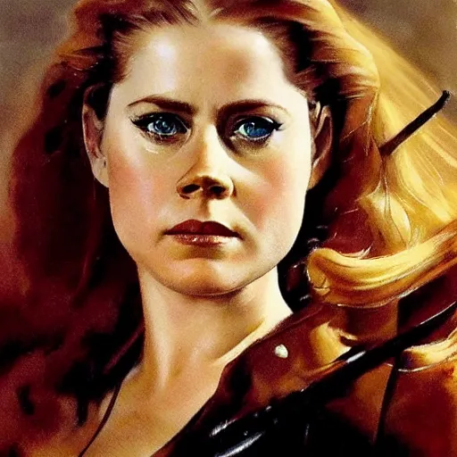 Image similar to ultra realistic portrait painting of amy adams as a western outlaw, art by frank frazetta, 4 k, ultra realistic, highly detailed, epic lighting