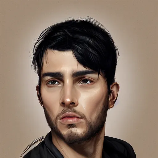 Image similar to portrait of a man by Artgerm, he is about 30 years old, short black hair with bangs, his features are a mix between French, Turkish and Russian and he is wearing a beige and black utility jumpsuit, highly detailed portrait, digital painting, artstation, concept art, smooth, sharp foccus ilustration, Artstation HQ