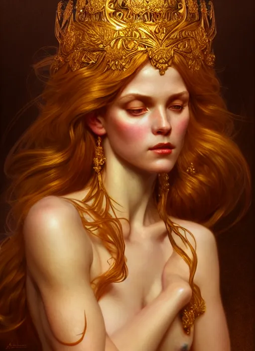 Image similar to Golden goddess, diffuse lighting, fantasy, intricate, elegant, highly detailed, lifelike, photorealistic, digital painting, artstation, illustration, concept art, smooth, sharp focus, art by John Collier and Albert Aublet and Krenz Cushart and Artem Demura and Alphonse Mucha